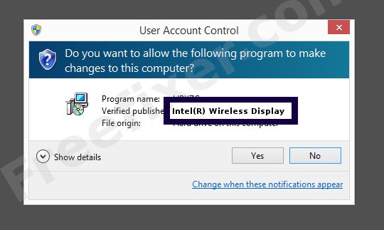 Screenshot where Intel(R) Wireless Display appears as the verified publisher in the UAC dialog